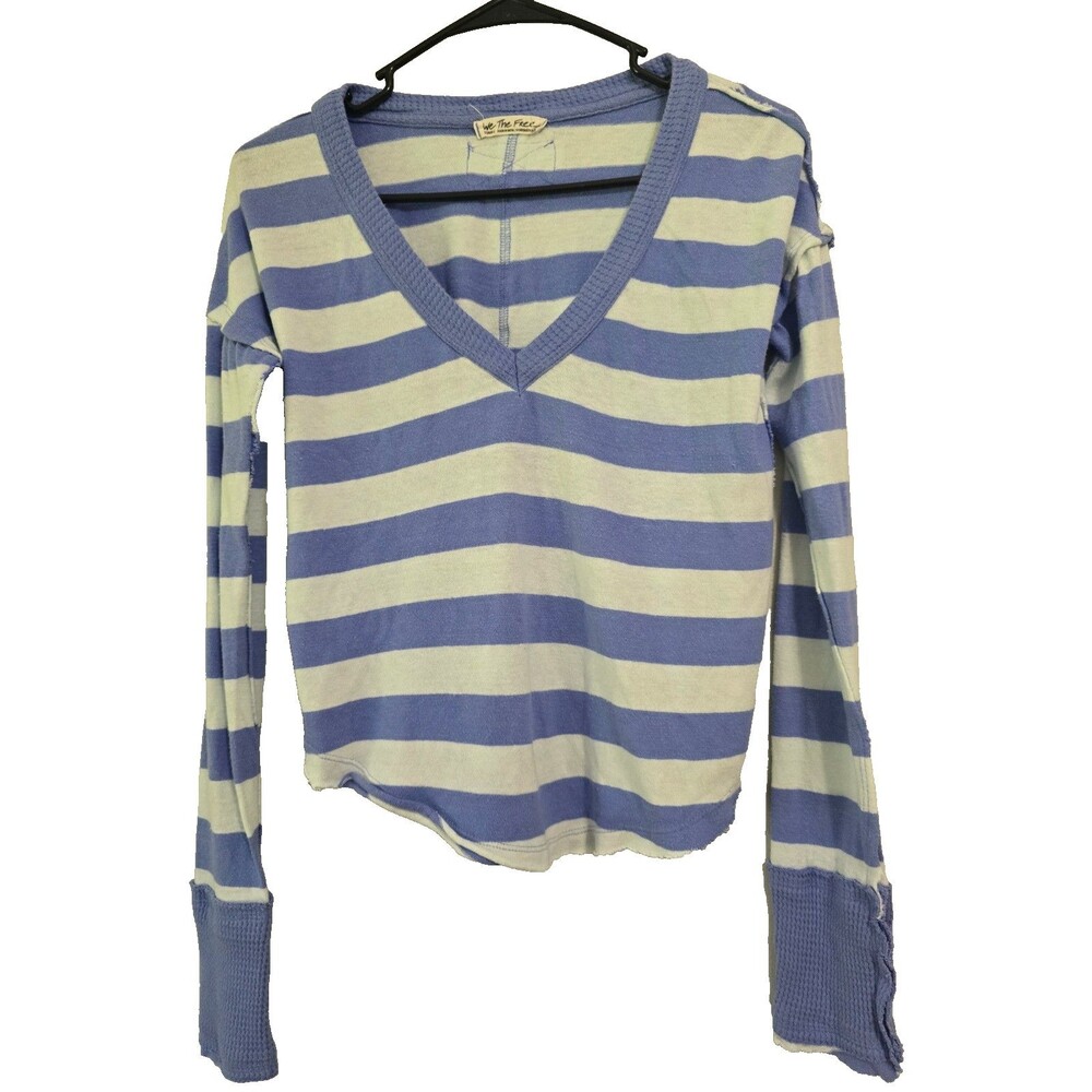 Free People We The Free Sail Away Striped Long Waffle Knit Top XS Purple White